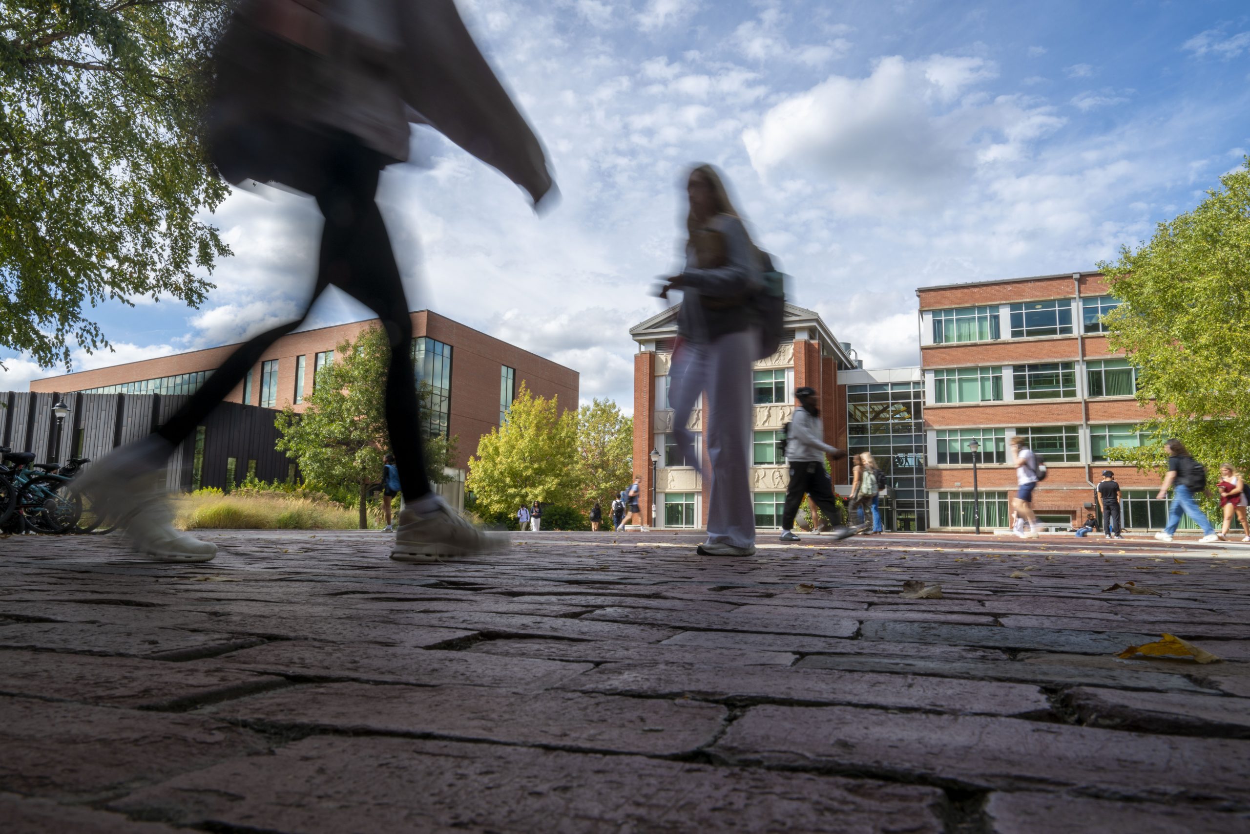 Students on Fairfield Way outside the Homer Babbidge Library looking towards the Rowe Center for Undergraduate Education